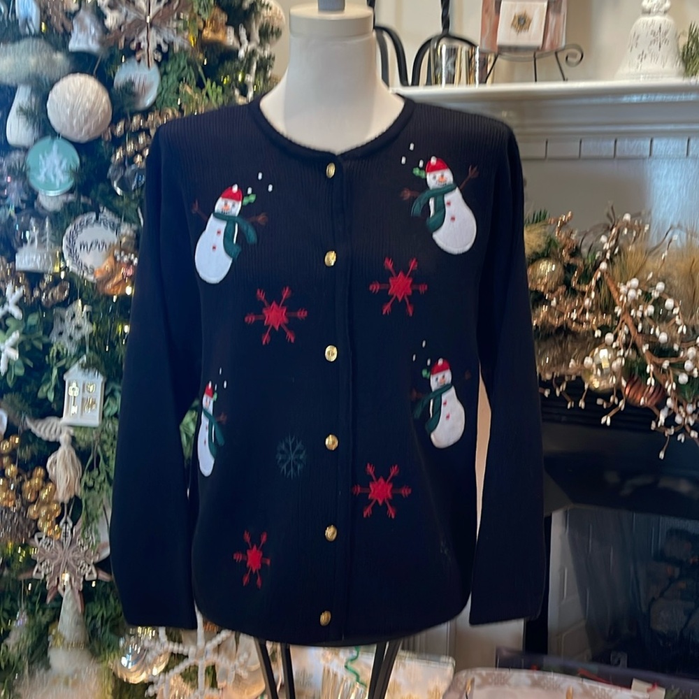 Ugly Christmas sweater, Vintage 1980s, cardigan,snowman, snowflakes, M, medium